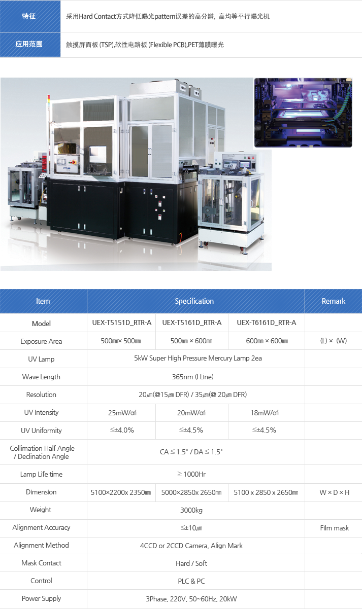 Model : Exposure Area, UV Lamp, Wave Length, Resolution, UV Intensity, UV Uniformity, Collimation Half Angle, Declination Angle, Lamp Life time, Dimension, Weight, Alignment Accuracy, Alignment Method, Mask Contact, Control 
Power Supply