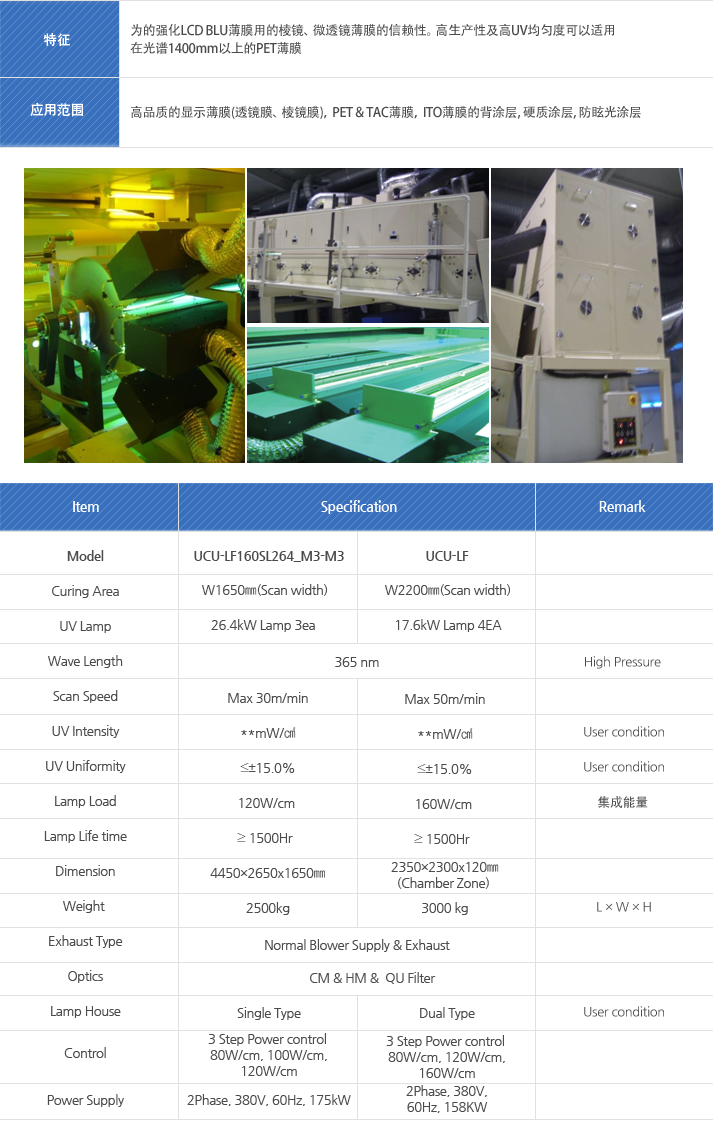 Model : Curing Area, UV Lamp, Wave Length, Scan Speed, UV Intensity, UV Uniformity, Lamp Load, Lamp Life time, Dimension, Weight, Exhaust Type, Optics, Lamp House, Control, Power Supply